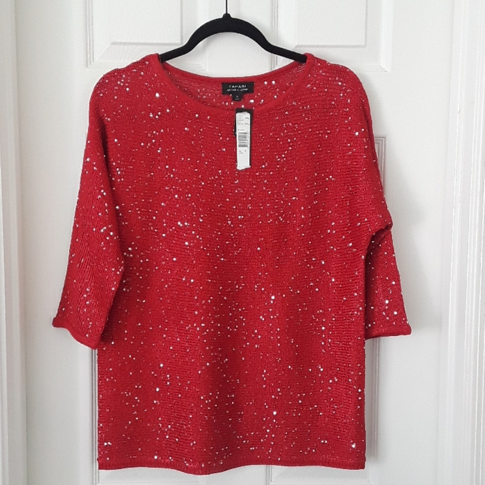 NWT Tahari Red & Silver Sequin Sweater Size S